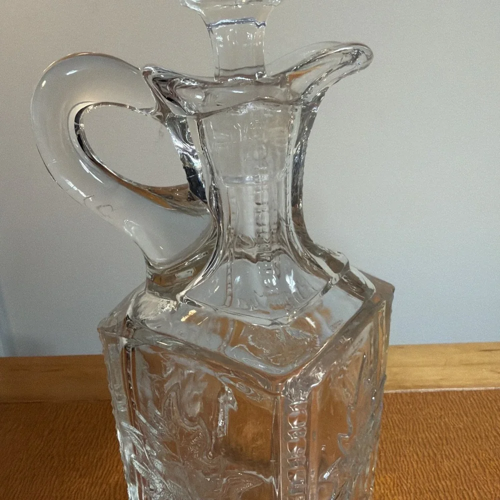 Antique EAPG Flint Glass Square Maple Leaf Decanter Pitcher Bottle Stopper 9.5